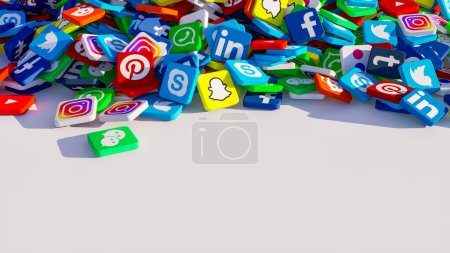 Téléchargez les photos : Rendu 3D de différentes icônes de médias sociaux sur un fond blanc - en image libre de droit