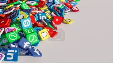Photo for 3D rendering of different social media icons on a white background - Royalty Free Image