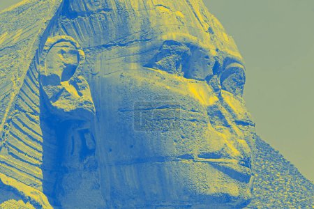 Photo for Close up of Great Sphinx of Giza colored in colors of Ukrainian flag - Royalty Free Image