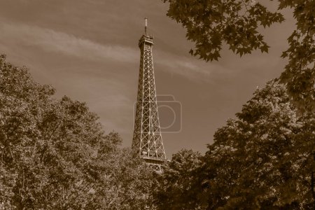 Téléchargez les photos : Vue de la Tour Eiffel à Paris en été colorée en sépia - en image libre de droit