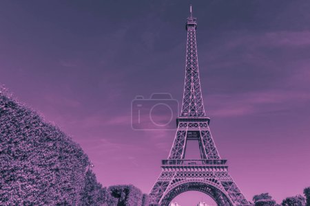 Foto de Vista de la Torre Eiffel en París en verano tonificado en azul y púrpura - Imagen libre de derechos