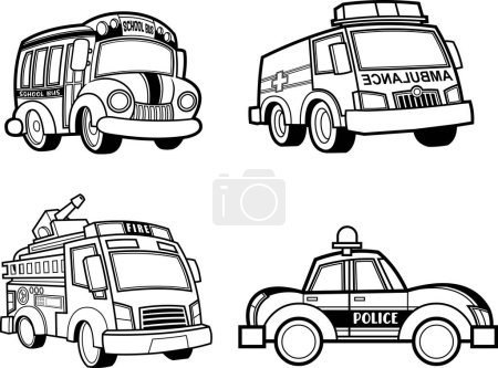 Illustration for Outlined Different Cartoon Trucks. Raster Hand Drawn Collection Set Isolated On White Background - Royalty Free Image