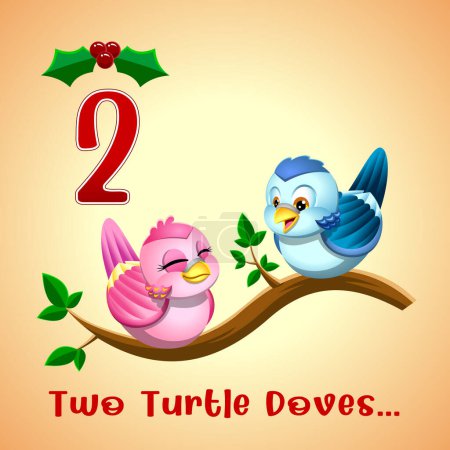 Illustration for The 12 Days Of Christmas - 2-Nd Day - Two Turtle Doves. Vector Hand Drawn Illustration With Background And Text - Royalty Free Image