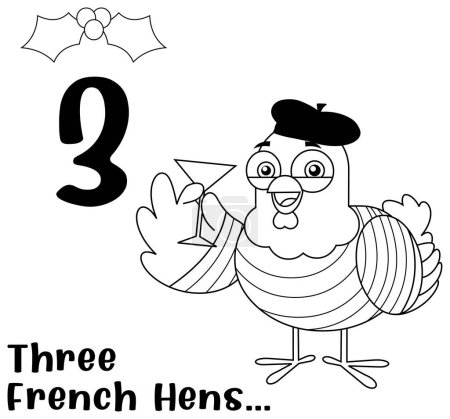 Ilustración de The 12 Days Of Christmas - 3-Rd Day - Three French Hens (en inglés). Ilustración dibujada a mano vectorial con fondo y texto - Imagen libre de derechos
