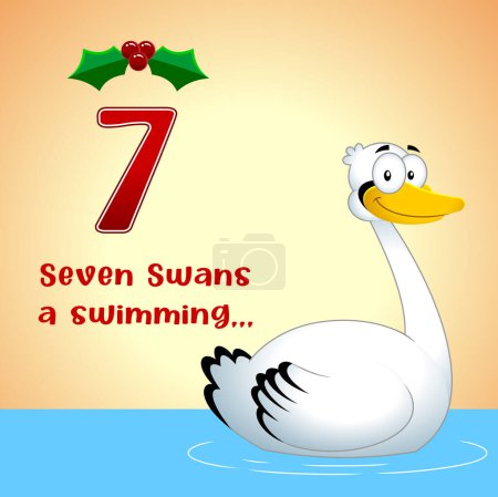 Illustration for The 12 Days Of Christmas - 7Th Day - Seven Swans A Swimming. Vector Hand Drawn Illustration With Background And Text - Royalty Free Image