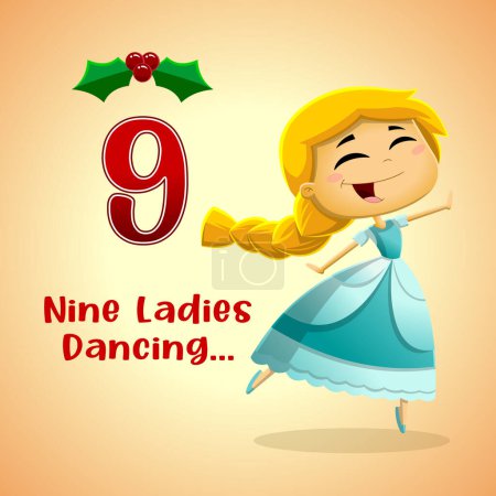 Illustration for The 12 Days Of Christmas - 9Th Day - Nine Ladies Dancing. Vector Hand Drawn Illustration With Background And Text - Royalty Free Image