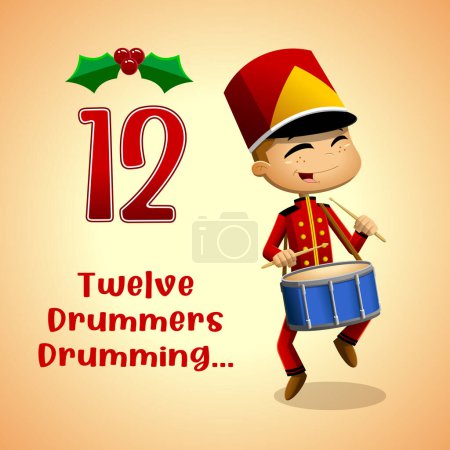 Ilustración de The 12 Days Of Christmas - 12Th Day - Twelve Drummers Drumming. Ilustración dibujada a mano vectorial con fondo y texto - Imagen libre de derechos