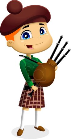 Illustration for Cute cartoon illustration of Scottish boy in kilt holding Bagpipe - Royalty Free Image