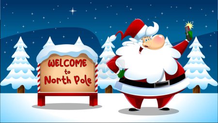 cartoon illustration of Santa Claus standing near road sign, welcome on north pole 