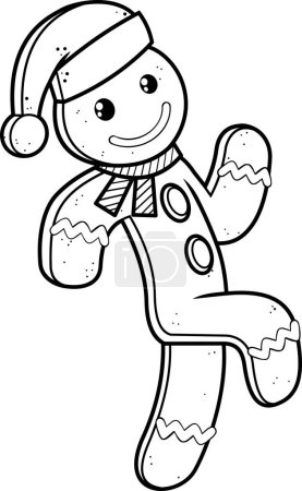 Téléchargez les illustrations : Noël pain d'épice homme personnage de bande dessinée en cours d'exécution. Illustration dessinée à la main vectorielle avec fond d'hiver - en licence libre de droit