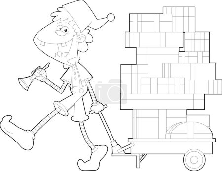 Ilustración de Delineado de Santa 's Little Elf Helper Caricatura personaje tira de un carro con cajas de regalo. Ilustración dibujada a mano vectorial aislada sobre fondo transparente - Imagen libre de derechos