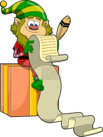 Téléchargez les illustrations : Le personnage de dessin animé du Petit Elfe du Père Noël qui écrit une liste de choses à faire. Illustration dessinée à la main raster isolé sur fond blanc - en licence libre de droit