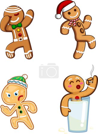 Illustration for Gingerbread Man Cartoon Characters. Raster Hand Drawn Collection Set Isolated On Transparent Background - Royalty Free Image