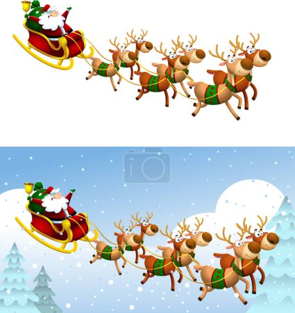 Illustration for Santa Claus Cartoon Character A Reindeers Flying In A Sleigh. Flat Design Illustration - Royalty Free Image
