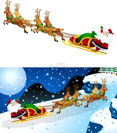 Téléchargez les illustrations : Père Noël personnage de bande dessinée A rennes volant dans un traîneau. Illustration de design plat - en licence libre de droit