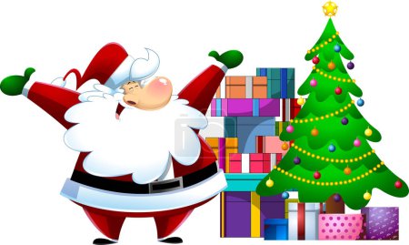 Téléchargez les illustrations : Père Noël personnage de bande dessinée avec des boîtes-cadeaux et arbre de Noël. Illustration de design plat isolé sur fond transparent - en licence libre de droit