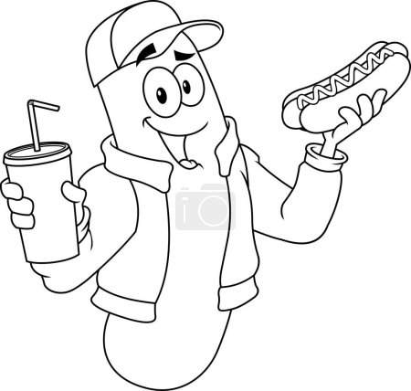 Ilustración de Feliz personaje de dibujos animados salchicha sosteniendo una soda y perrito caliente. Ilustración dibujada a mano vectorial aislada sobre fondo transparente - Imagen libre de derechos