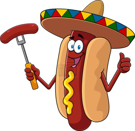 Mexikanische Hot-Dog-Zeichentrickfigur, die eine Wurst auf einer Gabel hält. Vector Hand gezeichnete Illustration isoliert auf transparentem Hintergrund