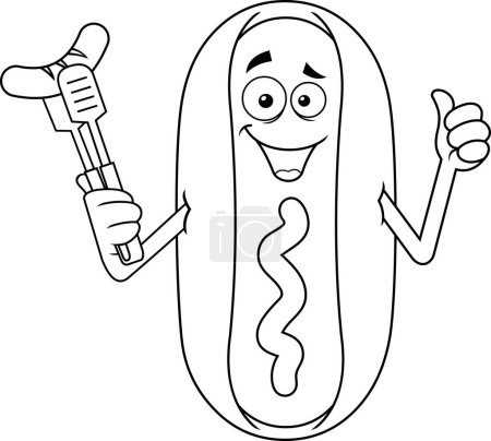 Téléchargez les illustrations : Smiling Hot Dog personnage de bande dessinée tenant une saucisse sur une fourchette. Illustration dessinée à la main vectorielle isolée sur fond transparent - en licence libre de droit