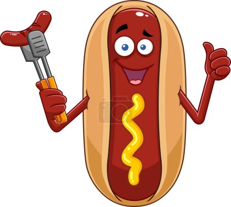 Ilustración de Sonriente personaje de dibujos animados Hot Dog sosteniendo una salchicha en un tenedor. Ilustración dibujada a mano vectorial aislada sobre fondo transparente - Imagen libre de derechos