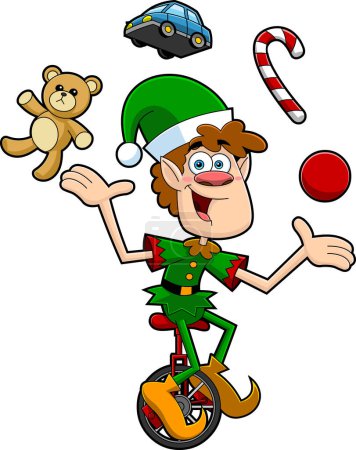 Téléchargez les illustrations : Elfe de Santa Helper personnage de bande dessinée jongler avec des jouets et monter un vélo de roue. Illustration dessinée à la main vectorielle isolée sur fond blanc - en licence libre de droit