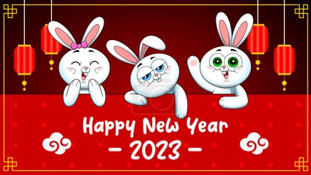 Téléchargez les illustrations : Bonne année chinoise du zodiaque de lapin avec des numéros de lapins de bande dessinée et du texte. Main vectorielle dessinée avec fond - en licence libre de droit