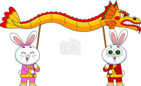 Illustration for New Year Of The Rabbit Zodiac With Funny Bunnies Cartoon Characters Carrying A Dragon. Raster Hand Drawn Illustration Isolated On White Background - Royalty Free Image