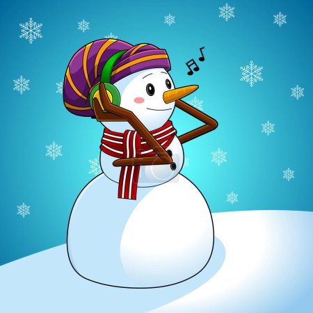 Téléchargez les illustrations : Snowman personnage de bande dessinée avec écouteurs écoutant de la musique. Main raster dessinée avec fond d'hiver - en licence libre de droit