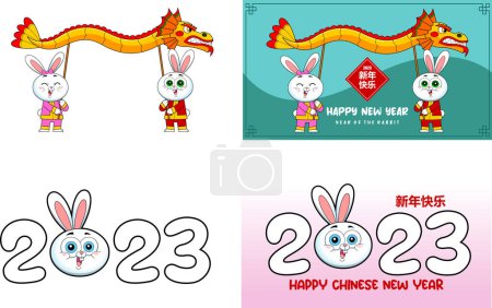 Téléchargez les illustrations : Bonne année chinoise du zodiaque de lapin avec des nombres et du texte. Ensemble de collection dessiné à la main vectoriel isolé sur fond transparent - en licence libre de droit