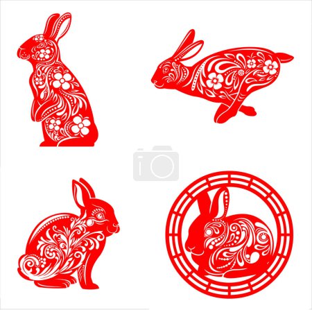 Illustration for New Year Horoscope Red Rabbits Decoration With Flowers. Vector Flat Design Collection Set Isolated On Transparent Background - Royalty Free Image