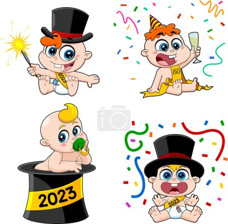 Illustration for Cute New Year Baby Cartoon Characters. Vector Hand Drawn Collection Set Isolated On Transparent Background - Royalty Free Image