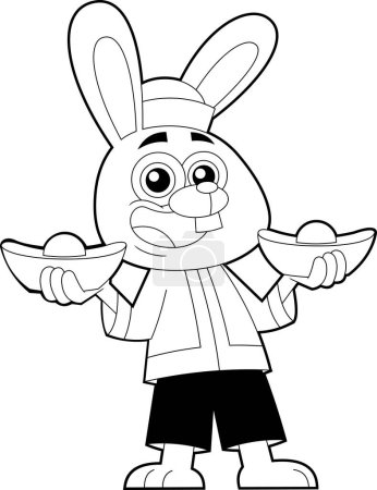 Téléchargez les illustrations : Personnages de bande dessinée drôle de lapin avec des insectes en or chinois année du zodiaque de lapin. Illustration dessinée à la main raster isolé sur fond blanc - en licence libre de droit