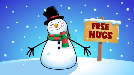 Illustration for Happy Snowman Cartoon Character With Open Arms For Hugging And Wooden Sign. Vector Hand Drawn With Winter Background - Royalty Free Image