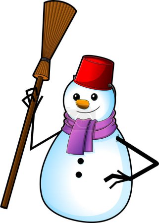 Illustration for Smiling Snowman Cartoon Character With Broom And Bucket. Raster Hand Drawn Illustration Isolated On White Background - Royalty Free Image