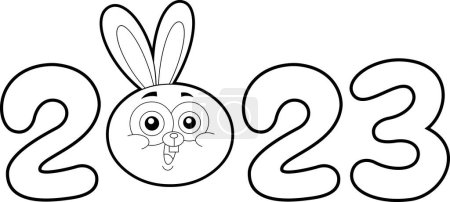 Illustration for Outlined New Year Of The Rabbit Zodiac With Funny Bunny Head Cartoon Characters And Numbers. Raster Hand Drawn Illustration Isolated On White Background - Royalty Free Image