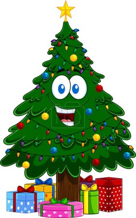Téléchargez les illustrations : Joyeux arbre de Noël vert décorations de caractère de bande dessinée avec étoile, boules et boîtes-cadeaux de vacances. Illustration dessinée à la main raster isolé sur fond blanc - en licence libre de droit