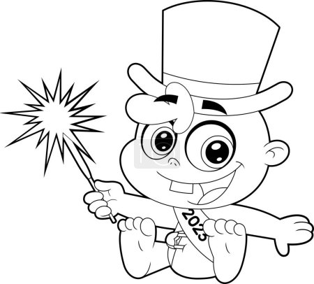 Illustration for Outlined Cute New Year Baby Cartoon Character With A Top Hat Holding A Sparkler. Raster Hand Drawn Illustration Isolated On White Background - Royalty Free Image