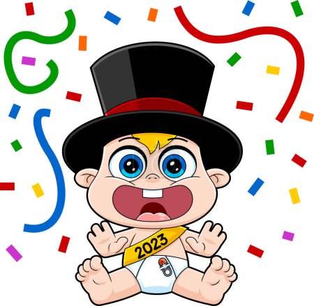Illustration for Cute New Year Baby Cartoon Character With Top Hat In Panic. Raster Hand Drawn Illustration Isolated On White Background - Royalty Free Image