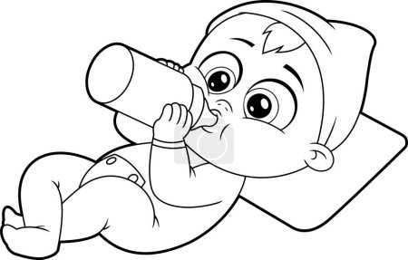 Illustration for Outlined Cute Baby Boy Cartoon Character Drink Milk From Bottle. Vector Hand Drawn Illustration Isolated On Transparent Background - Royalty Free Image