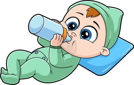 Téléchargez les illustrations : Mignon bébé garçon personnage de bande dessinée boire du lait de bouteille. Illustration dessinée à la main vectorielle isolée sur fond transparent - en licence libre de droit