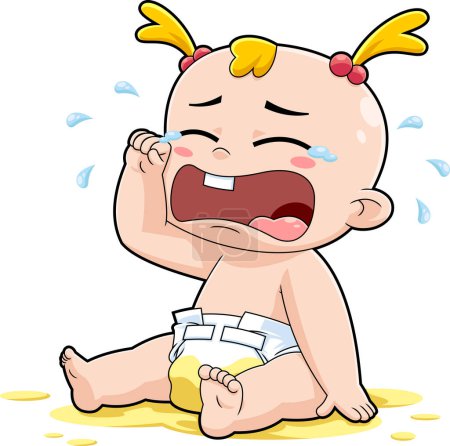Illustration for Cute Baby Girl Cartoon Character Crying. Vector Hand Drawn Illustration Isolated On Transparent Background - Royalty Free Image