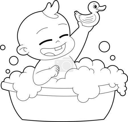 Illustration for Outlined Happy Baby Boy Cartoon Character Bathes In A Basin. Vector Hand Drawn Illustration Isolated On Transparent Background - Royalty Free Image
