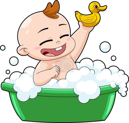 Illustration for Happy Baby Boy Cartoon Character Bathes In A Basin. Vector Hand Drawn Illustration Isolated On Transparent Background - Royalty Free Image