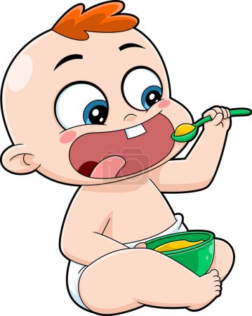 Ilustración de Lindo personaje de dibujos animados Baby Boy come con una cuchara de un tazón. Ilustración dibujada a mano vectorial aislada sobre fondo transparente - Imagen libre de derechos