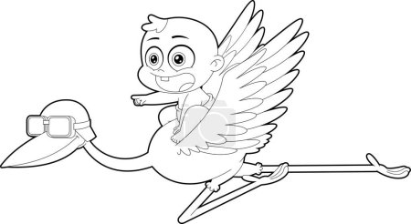 Téléchargez les illustrations : Outlined Cute Baby Flying On Top Of A Stork Cartoon Characters. Vector Hand Drawn Illustration Isolated On Transparent Background - en licence libre de droit