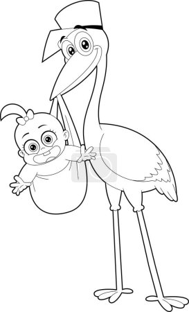 Illustration for Outlined Stork Delivering A Baby girl Cartoon Characters. Vector Hand Drawn Illustration Isolated On Transparent Background - Royalty Free Image
