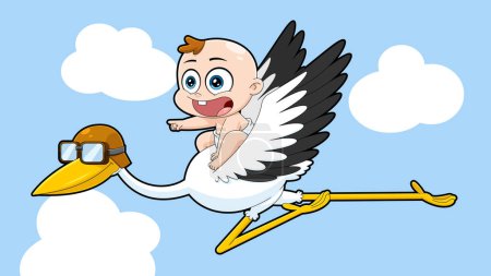 Téléchargez les illustrations : Mignon bébé garçon volant sur le dessus d'une cigogne personnages de bande dessinée. Illustration dessinée à la main vectorielle avec fond - en licence libre de droit