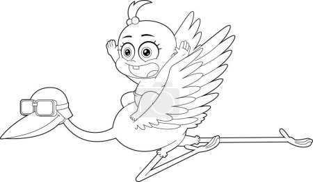Illustration for Outlined Cute Baby Girl Flying On Top Of A Stork Cartoon Characters. Raster Hand Drawn Illustration Isolated On White Background - Royalty Free Image