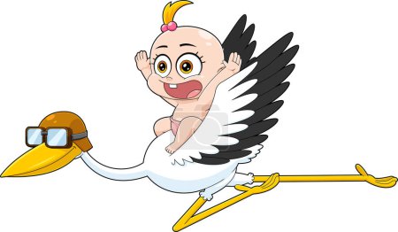 Téléchargez les illustrations : Bébé fille mignonne volant sur le dessus d'une cigogne personnages de bande dessinée. Illustration dessinée à la main raster isolé sur fond blanc - en licence libre de droit