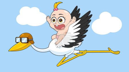 Illustration for Cute Baby Girl Flying On Top Of A Stork Cartoon Characters. Raster Hand Drawn Illustration With Sky Background - Royalty Free Image